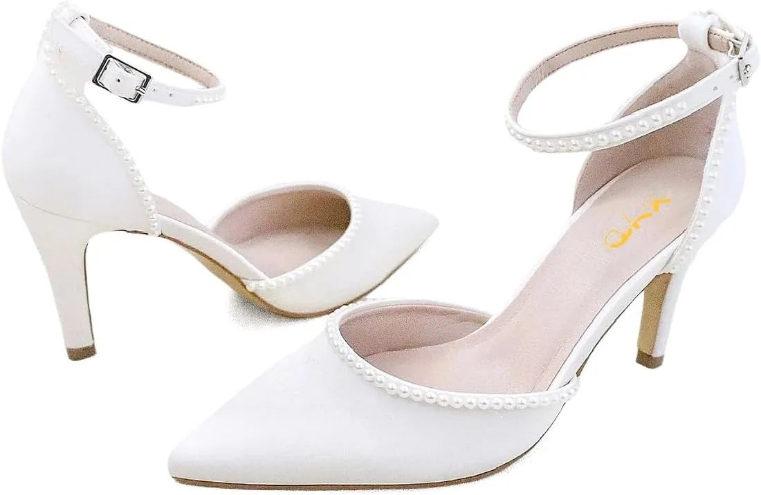 XYD Women Pearl Pointed Toe Ankle Strap Low Mid Heels D'Orsay Wedding Pumps Comfy Party Dance Shoes