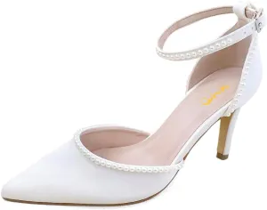 XYD Women Pearl Pointed Toe Ankle Strap Low Mid Heels D'Orsay Wedding Pumps Comfy Party Dance Shoes