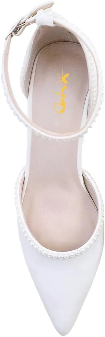 XYD Women Pearl Pointed Toe Ankle Strap Low Mid Heels D'Orsay Wedding Pumps Comfy Party Dance Shoes
