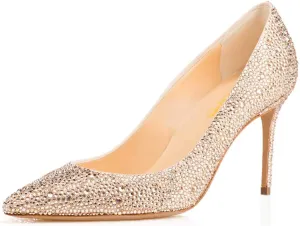 XYD Women Sexy Pointy Toe Crystal Studded Pumps Stiletto High Heel Slip On Ballroom Dress Shoes