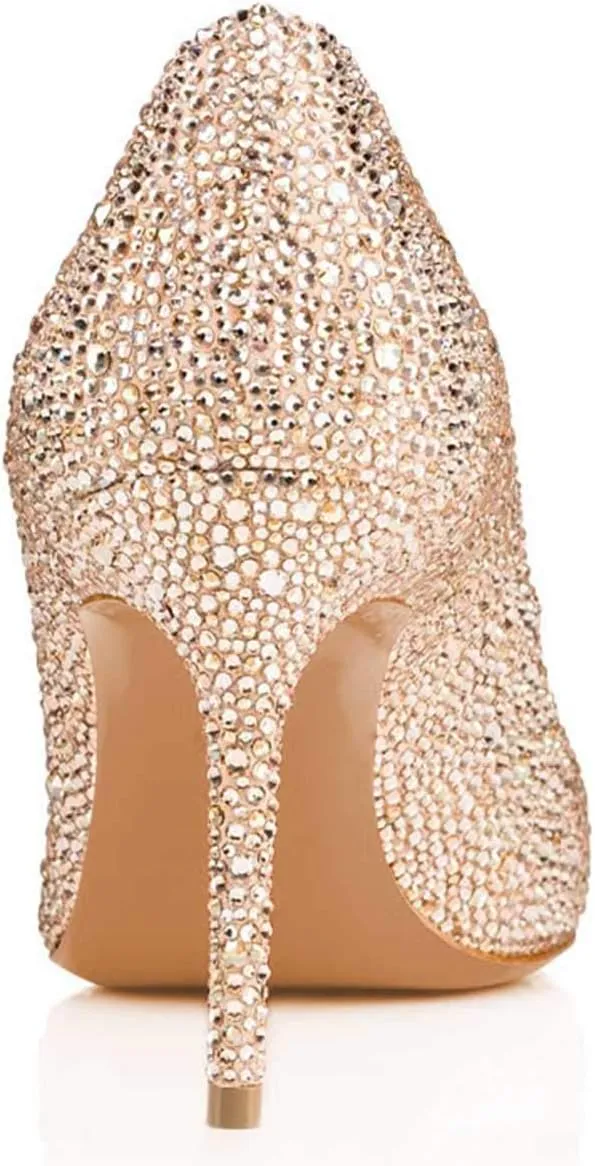 XYD Women Sexy Pointy Toe Crystal Studded Pumps Stiletto High Heel Slip On Ballroom Dress Shoes