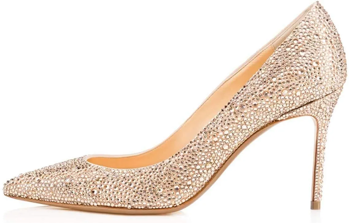 XYD Women Sexy Pointy Toe Crystal Studded Pumps Stiletto High Heel Slip On Ballroom Dress Shoes