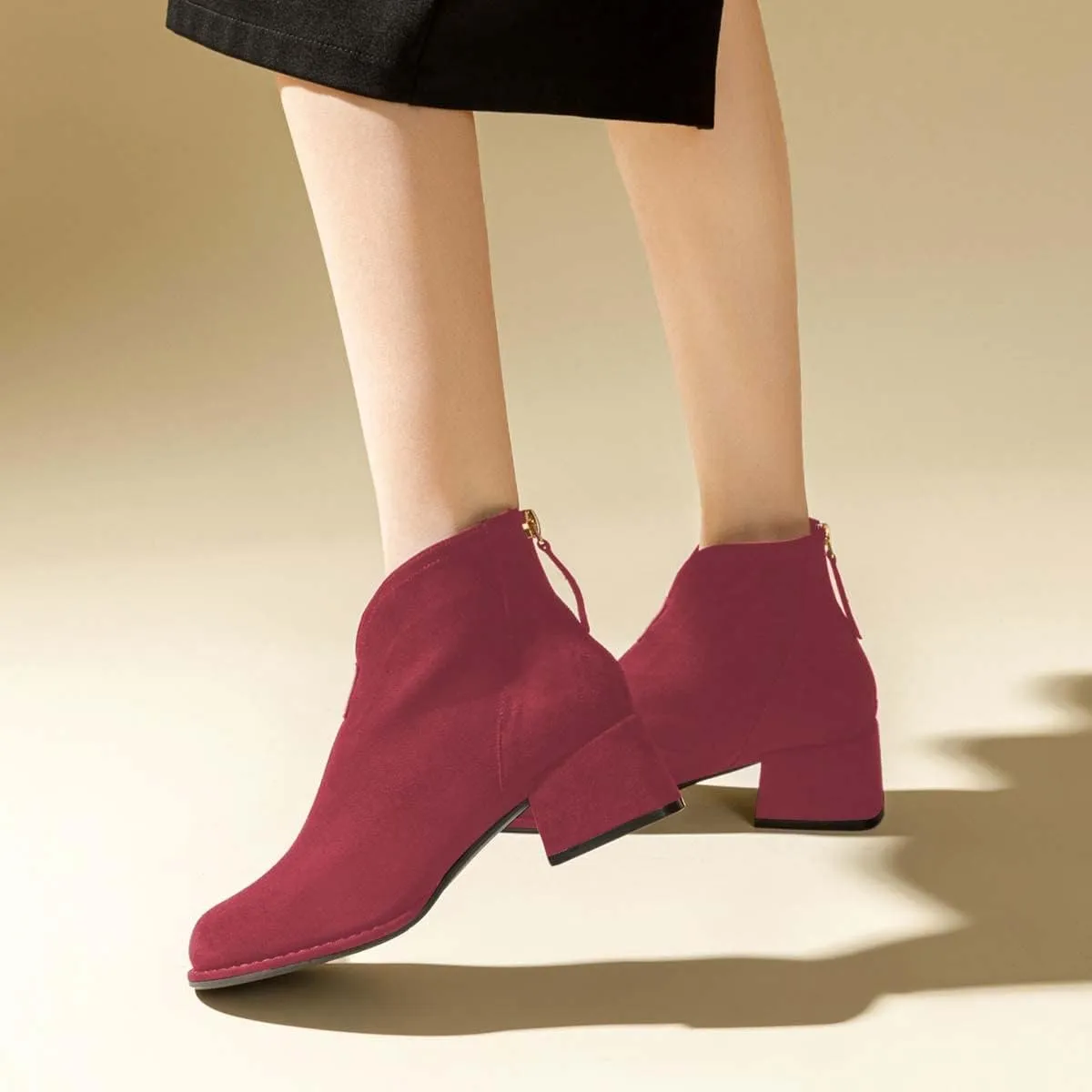 XYD Women's Comfort Classic Chelsea Boots Ankle High Chunky Block Heel Faux Suede Slip On Casual Fashion Round Toe Booties with Back Zipper