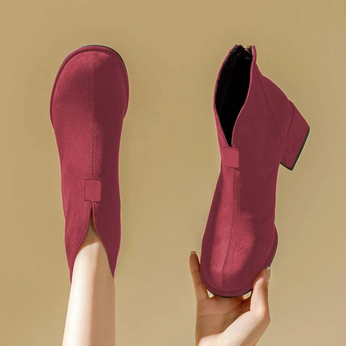 XYD Women's Comfort Classic Chelsea Boots Ankle High Chunky Block Heel Faux Suede Slip On Casual Fashion Round Toe Booties with Back Zipper
