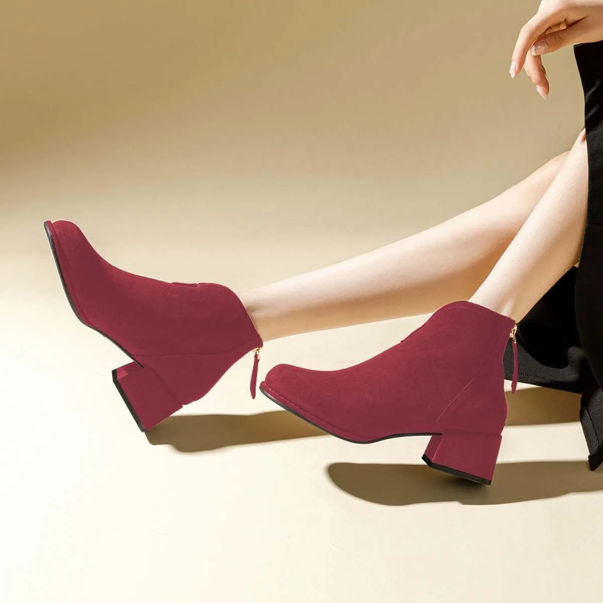 XYD Women's Comfort Classic Chelsea Boots Ankle High Chunky Block Heel Faux Suede Slip On Casual Fashion Round Toe Booties with Back Zipper