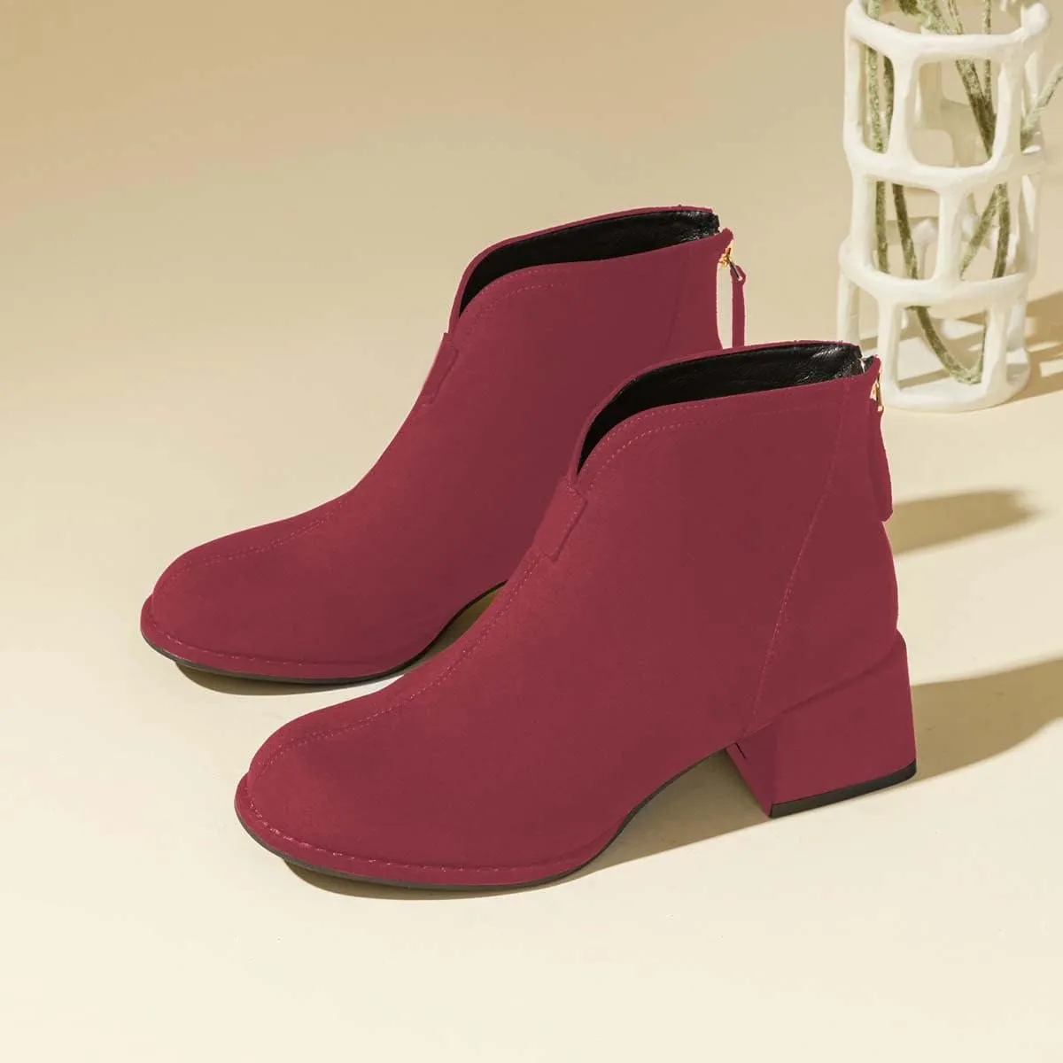 XYD Women's Comfort Classic Chelsea Boots Ankle High Chunky Block Heel Faux Suede Slip On Casual Fashion Round Toe Booties with Back Zipper