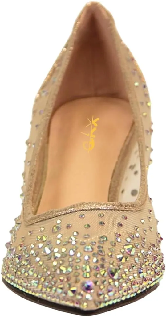 XYD Women's Pointed Closed Toe Slip On Graceful Mesh Pumps Rhinestone Studs Comfy Kitten Heels Shoes for Mother Brides Wedding Party