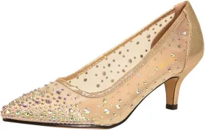 XYD Women's Pointed Closed Toe Slip On Graceful Mesh Pumps Rhinestone Studs Comfy Kitten Heels Shoes for Mother Brides Wedding Party