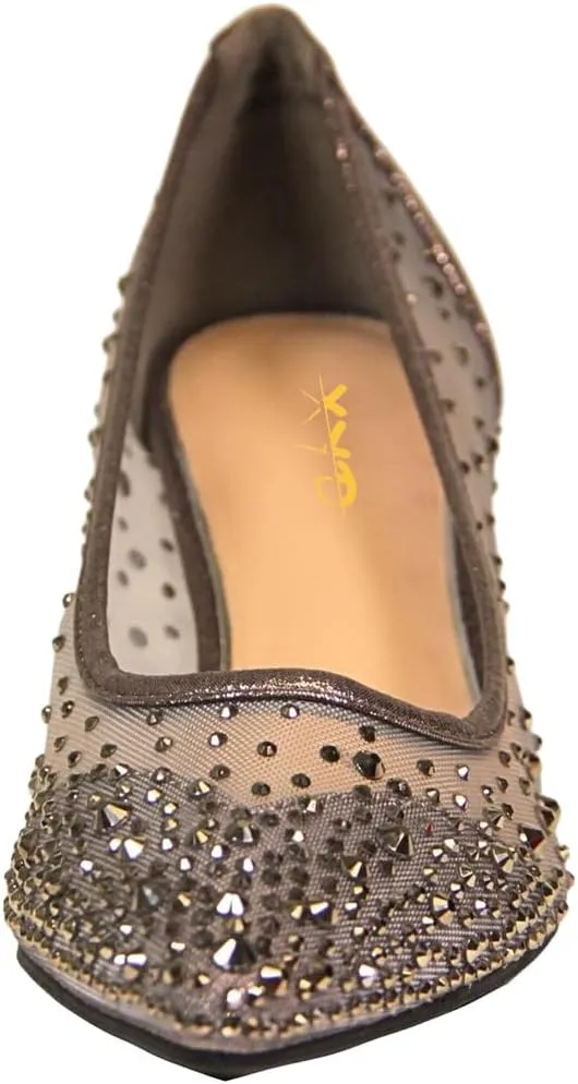 XYD Women's Pointed Closed Toe Slip On Graceful Mesh Pumps Rhinestone Studs Comfy Kitten Heels Shoes for Mother Brides Wedding Party