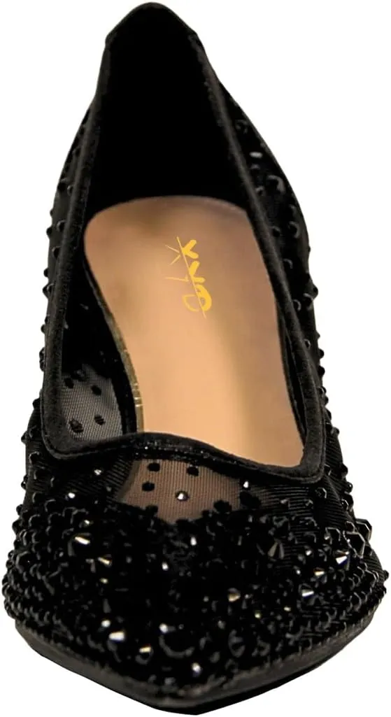 XYD Women's Pointed Closed Toe Slip On Graceful Mesh Pumps Rhinestone Studs Comfy Kitten Heels Shoes for Mother Brides Wedding Party