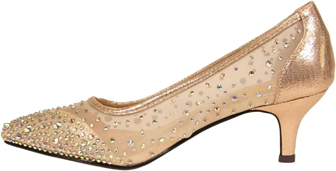 XYD Women's Pointed Closed Toe Slip On Graceful Mesh Pumps Rhinestone Studs Comfy Kitten Heels Shoes for Mother Brides Wedding Party