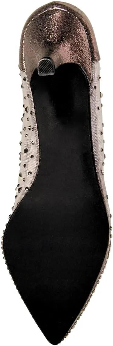 XYD Women's Pointed Closed Toe Slip On Graceful Mesh Pumps Rhinestone Studs Comfy Kitten Heels Shoes for Mother Brides Wedding Party