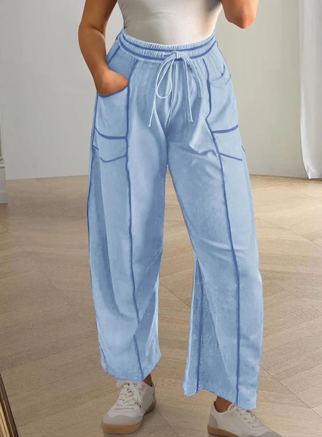 Yanekop Womens Baggy Wide Leg Pants Casual Summer Palazzo Pants Drawstring Waist Lounge Pants with Pockets