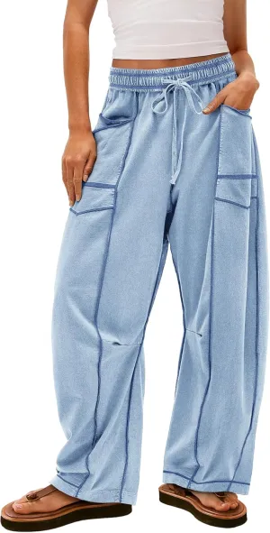 Yanekop Womens Baggy Wide Leg Pants Casual Summer Palazzo Pants Drawstring Waist Lounge Pants with Pockets