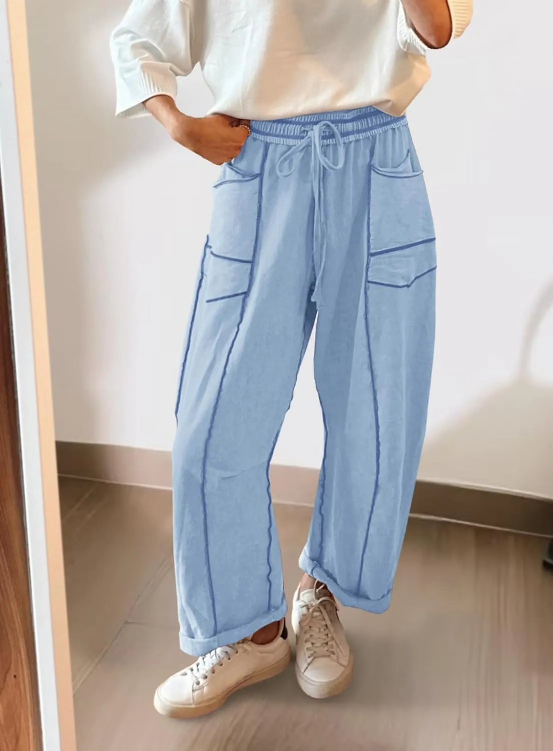 Yanekop Womens Baggy Wide Leg Pants Casual Summer Palazzo Pants Drawstring Waist Lounge Pants with Pockets