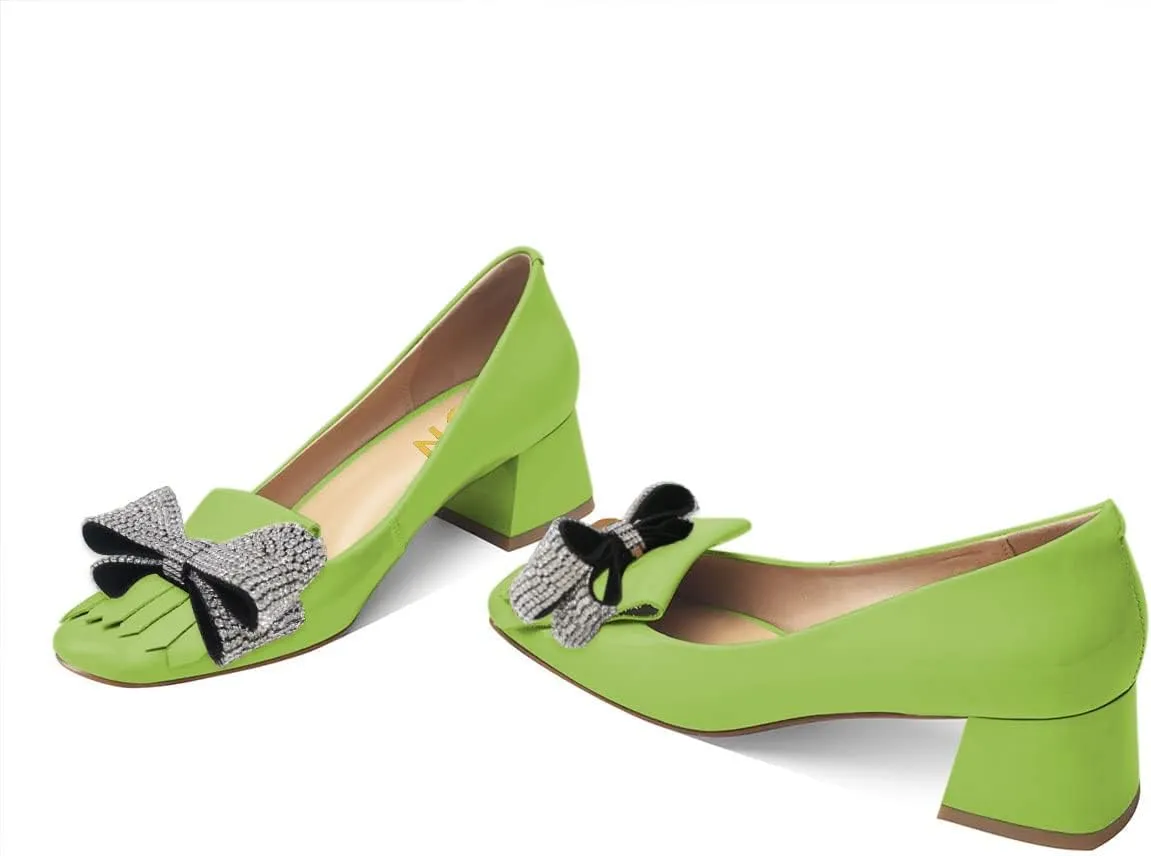 YDN Womens Squared Toe Tassel Pumps Rhinestone Bow Chunky Low Heel Slip On Comfy Dressy Date Office Shoe Size 4-15 US
