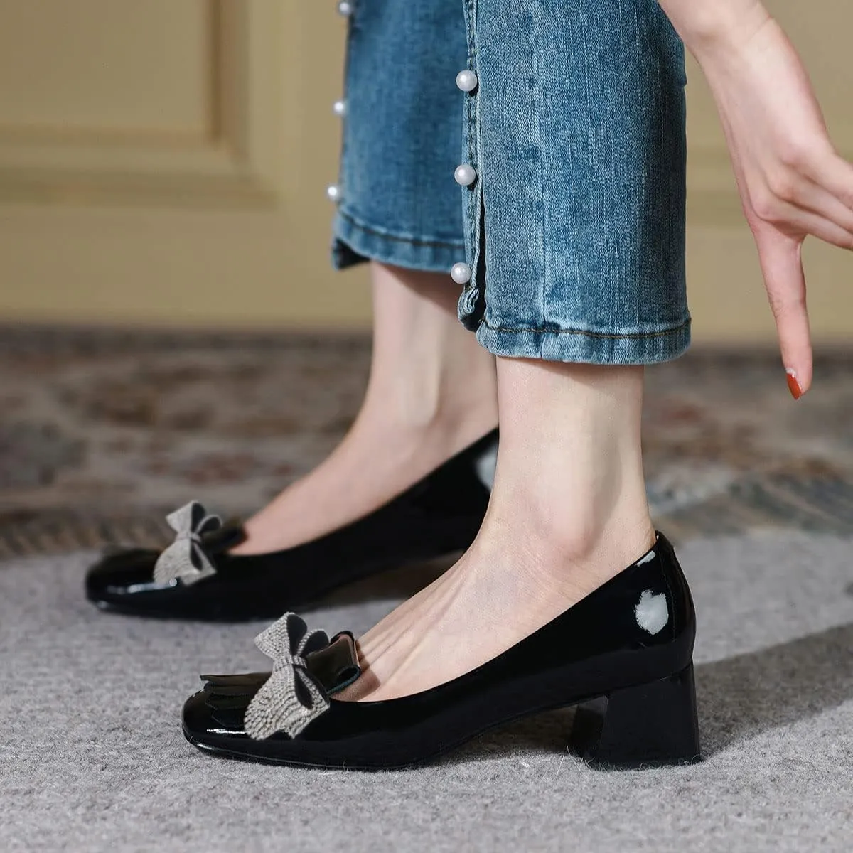 YDN Womens Squared Toe Tassel Pumps Rhinestone Bow Chunky Low Heel Slip On Comfy Dressy Date Office Shoe Size 4-15 US