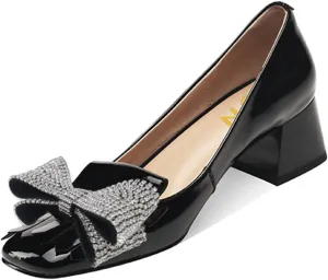 YDN Womens Squared Toe Tassel Pumps Rhinestone Bow Chunky Low Heel Slip On Comfy Dressy Date Office Shoe Size 4-15 US