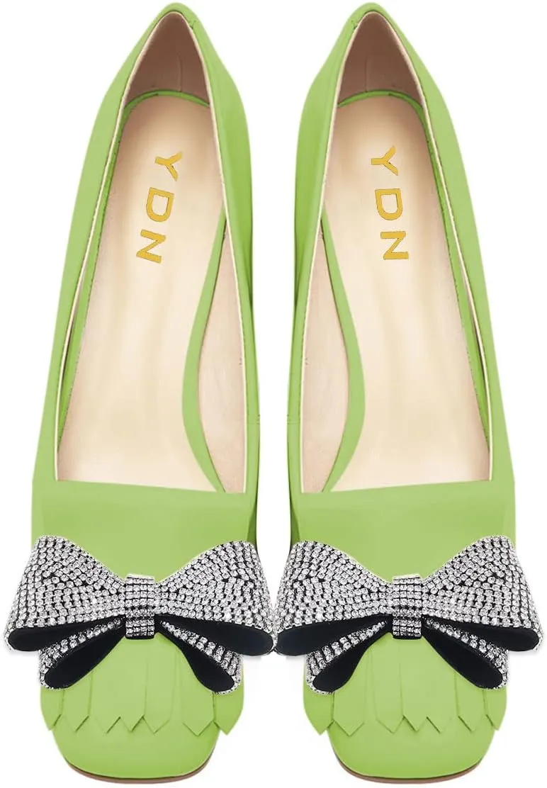 YDN Womens Squared Toe Tassel Pumps Rhinestone Bow Chunky Low Heel Slip On Comfy Dressy Date Office Shoe Size 4-15 US
