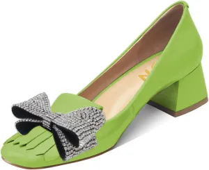 YDN Womens Squared Toe Tassel Pumps Rhinestone Bow Chunky Low Heel Slip On Comfy Dressy Date Office Shoe Size 4-15 US
