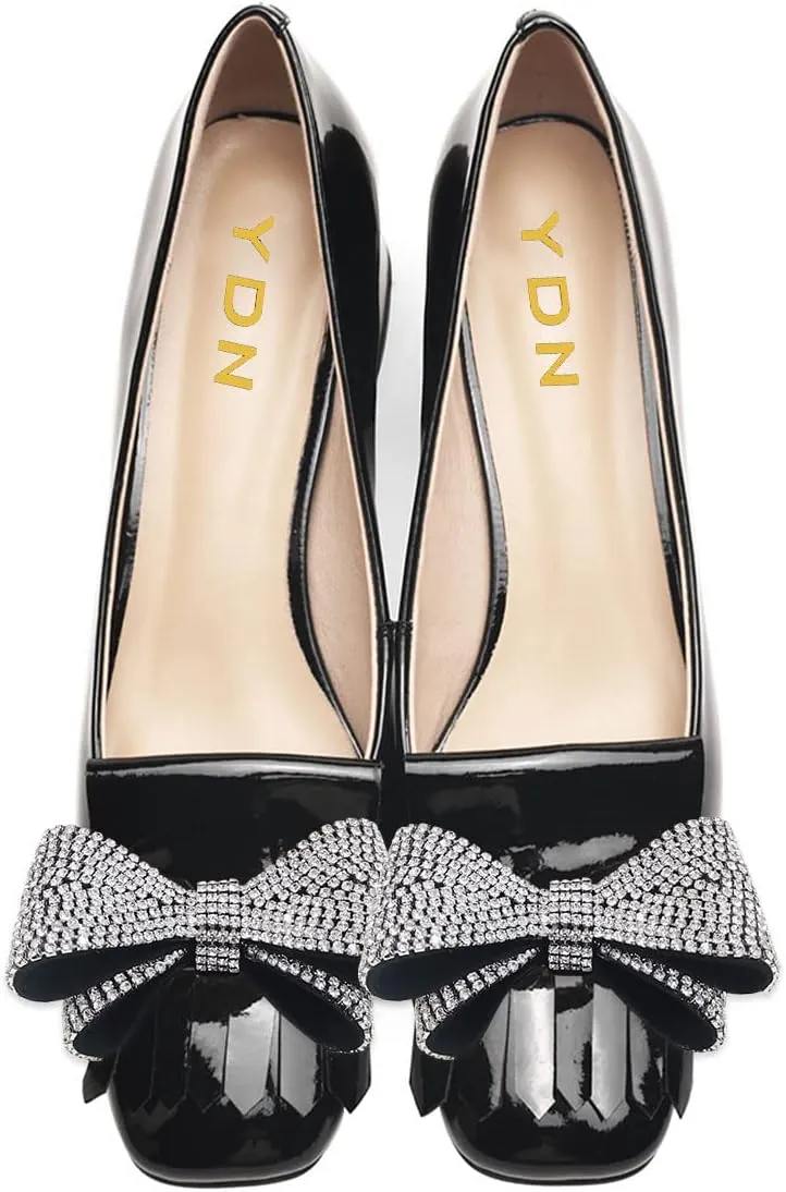 YDN Womens Squared Toe Tassel Pumps Rhinestone Bow Chunky Low Heel Slip On Comfy Dressy Date Office Shoe Size 4-15 US