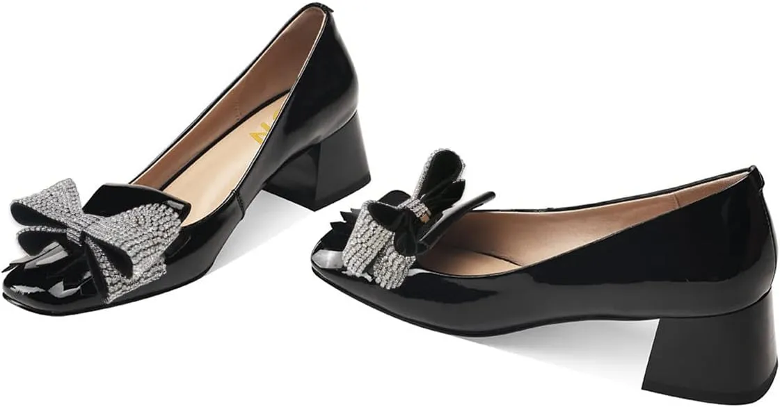 YDN Womens Squared Toe Tassel Pumps Rhinestone Bow Chunky Low Heel Slip On Comfy Dressy Date Office Shoe Size 4-15 US