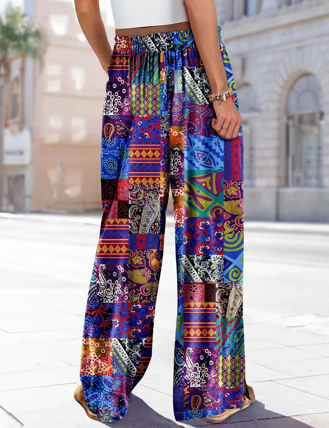 YESNO Women Summer Boho Palazzo Pants High Waist Wide Leg Floral Casual Cotton Lounge Trousers with Pockets PP0
