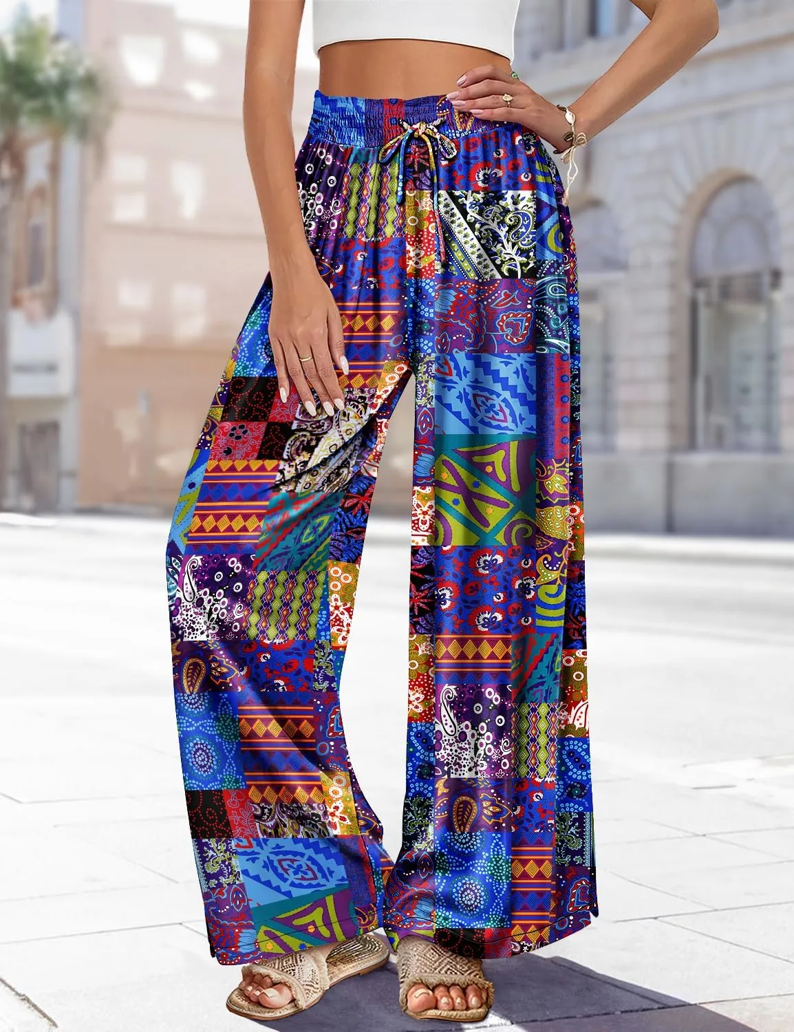 YESNO Women Summer Boho Palazzo Pants High Waist Wide Leg Floral Casual Cotton Lounge Trousers with Pockets PP0