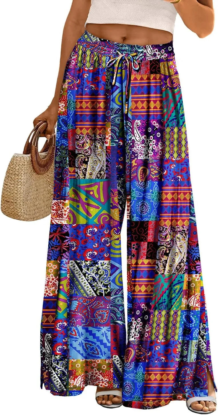 YESNO Women Summer Boho Palazzo Pants High Waist Wide Leg Floral Casual Cotton Lounge Trousers with Pockets PP0