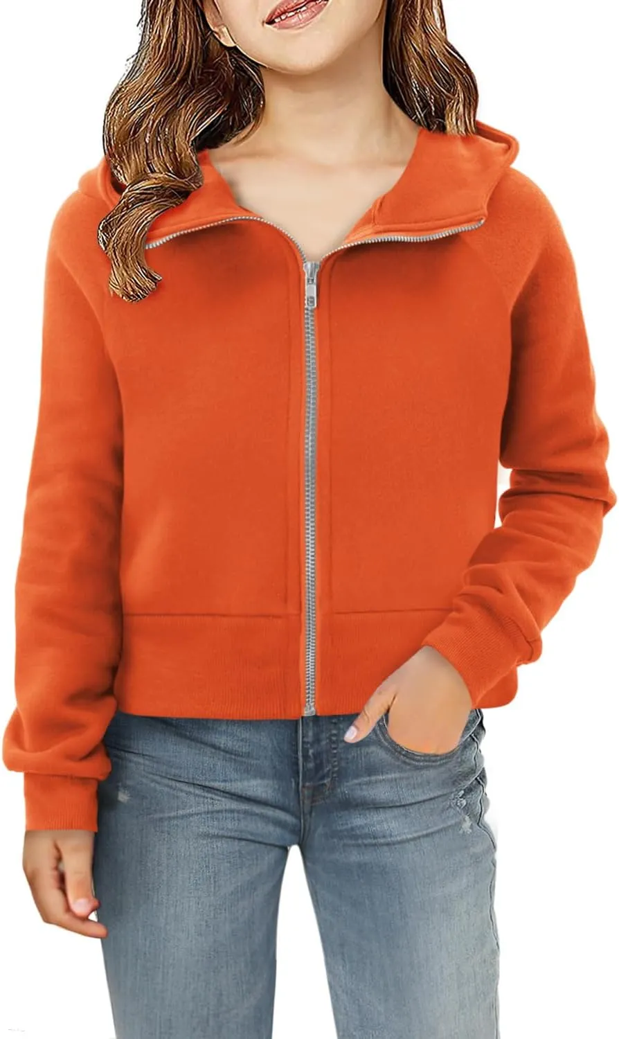 Yoklass Girls Zip Up Hoodie Croppred Sweatshirts Casual Long Sleeve Thumb Hole Jacket 4-13 Years