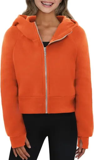 Yoklass Girls Zip Up Hoodie Croppred Sweatshirts Casual Long Sleeve Thumb Hole Jacket 4-13 Years