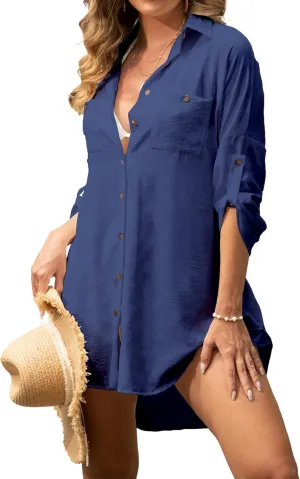 Zoye Chen Womens Swimsuit Cover up For Swimwear Button Down Beach Shirt Dress Bikini Coverup Blouse Shirt Dress