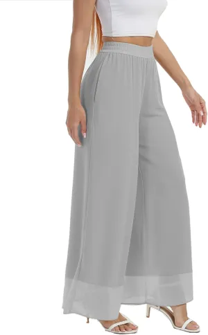 zsangbee Women's Wide Leg Palazzo Pants Chiffon Flowy Loose Party Wedding Dressy Casual Trousers