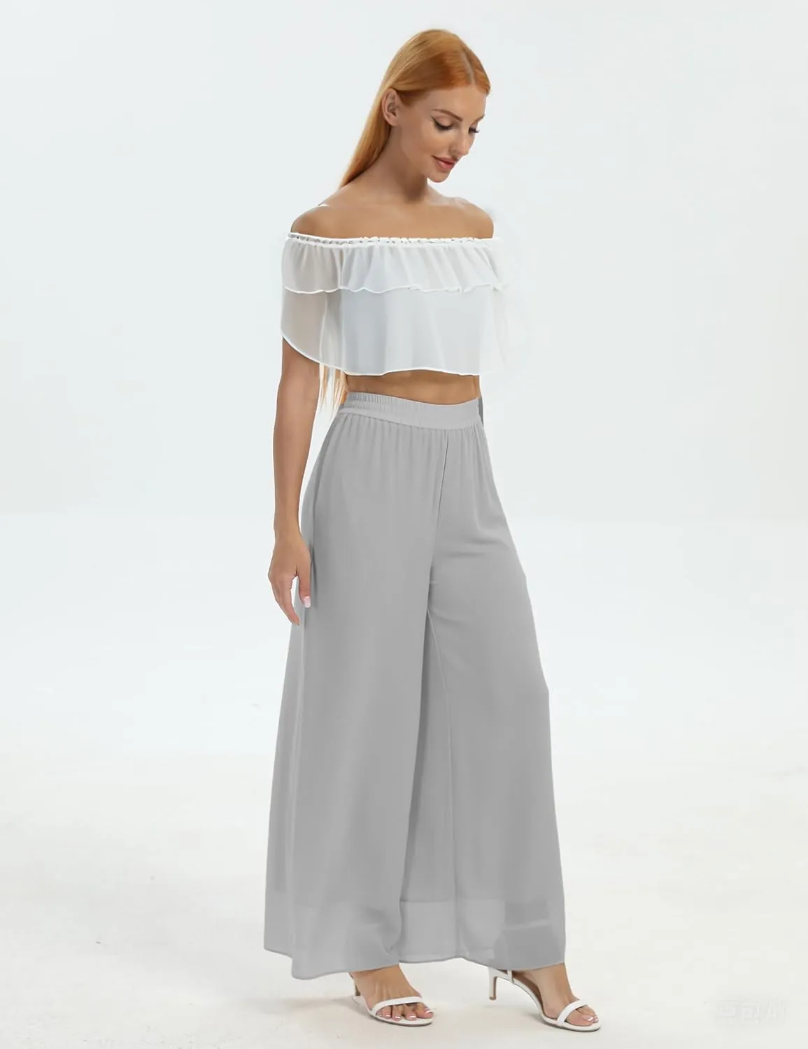 zsangbee Women's Wide Leg Palazzo Pants Chiffon Flowy Loose Party Wedding Dressy Casual Trousers