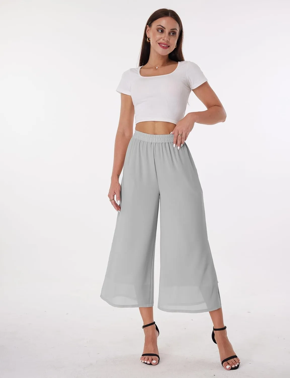 zsangbee Women's Wide Leg Palazzo Pants Chiffon Flowy Loose Party Wedding Dressy Casual Trousers