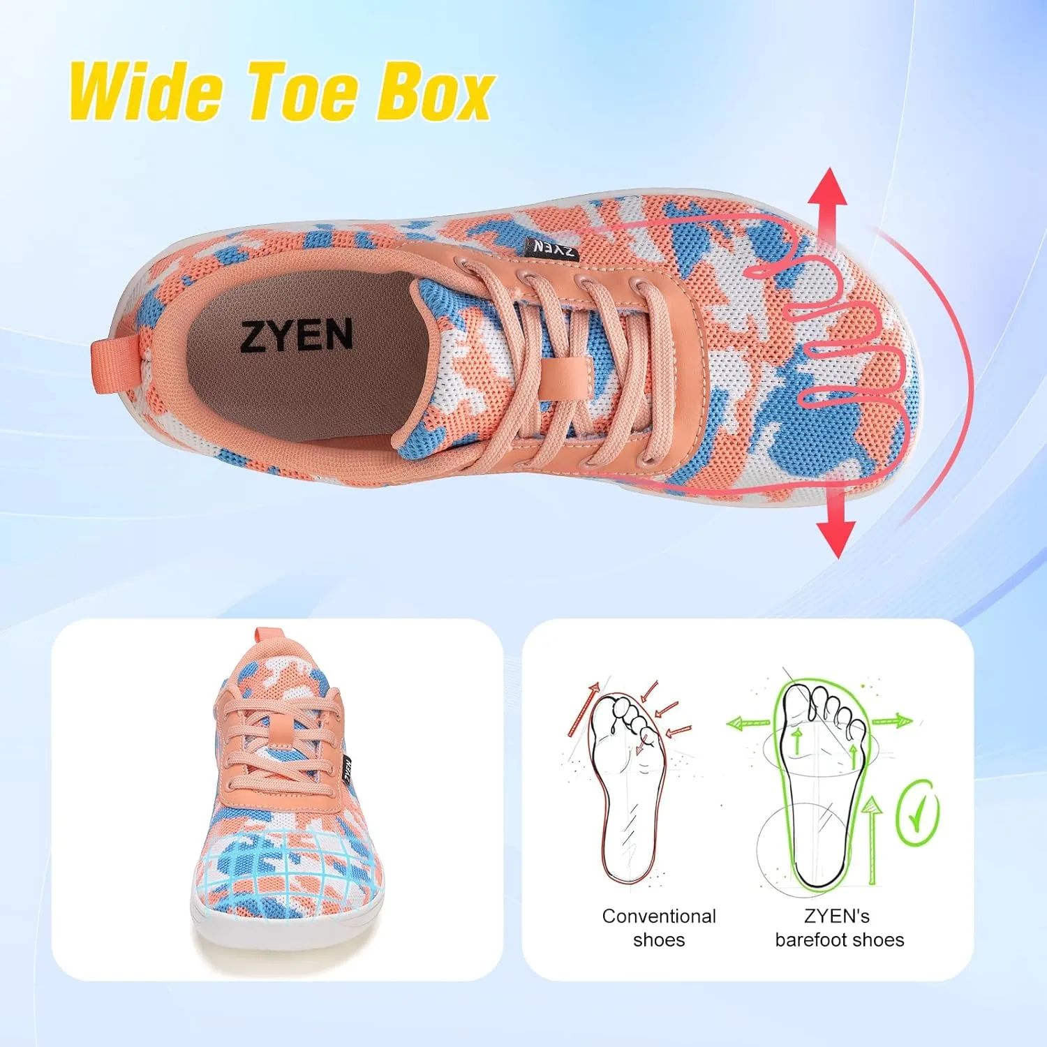 ZYEN Wide Toe Box Barefoot Shoes for Women | Wide Width Breathable Camouflage Shoes | Zero Drop Sole Fashion Non Slip Gym Sneaker Lightweight Minimalist Walking Sneaker